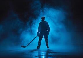 Silhouette of a hockey player standing on an ice rink, surrounded by blue mist, ready for action in a dramatic atmosphere. photo