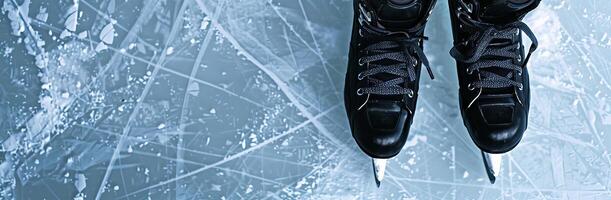Photo of Black hockey skates and stick on ice rink background, top view with copy space banner for design element.