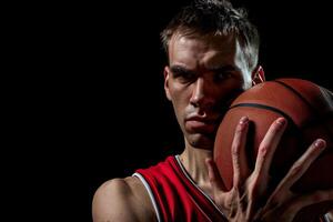 Focused basketball player holding ball, ready for action, in dramatic lighting and intense expression. Ideal for sports and fitness themes. photo