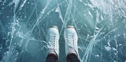 A person wearing white ice skates stands on a frozen, cracked ice surface, looking down. Ideal for winter, sports, and outdoor activities. photo