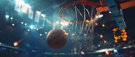 A basketball mid-air just before making a shot during a live game in a vibrant, well-lit indoor stadium. photo