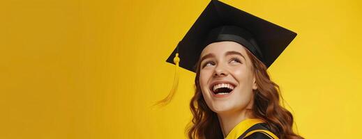Joyful portrait of young female graduate in cap, mid-laugh, radiant on yellow backdrop, CG 3D rendering, crisp, highly detailed photo