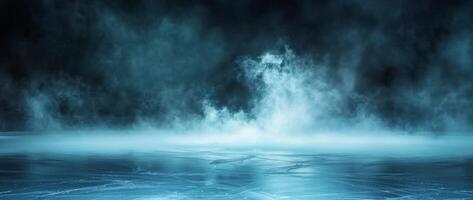 ice rink background with smoke, dark background, empty space for product presentation photo