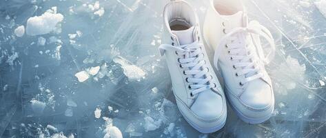 white figure skating shoes on ice rink, top view, flat lay background with copy space , taken by Canon EOS photo