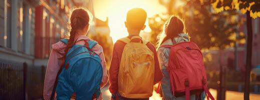 Eye-level shot of school friends, one boy and two girls, with colorful backpacks, backview, sunset lighting, photorealistic digital rendering, capturing youthful camaraderie photo