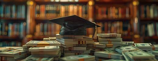 Frontal view of a graduation cap resting atop a neatly arranged pile of money, background softly blurred with hints of a library setting, CG 3D rendering, ultra-realistic textures photo