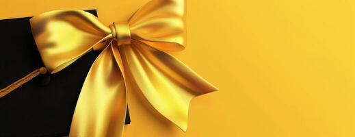 Frontal view, a diploma with a beautiful bow, graduation cap with tassel, vivid yellow background, photorealistic details, crisp and clear edges, perfect lighting, digital art photo