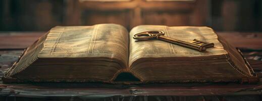 Frontal view of an open antique book, photorealistic style, delicate golden key resting on the pages, soft ambient lighting, rich textures, elegant and scholarly ambiance photo