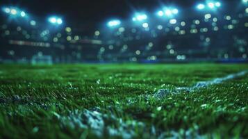Close-up shot of a soccer field under stadium lights, capturing the texture of the grass at night with a blurred background. photo