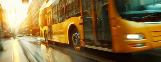 Detailed close-up of a speeding yellow bus, motion blur capturing the swiftness, navigating down crowded city streets, digital CG 3D rendering photo