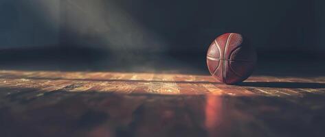 A single basketball sits on an empty gym floor with dramatic lighting, capturing the essence of the game and solitude of practice. photo