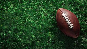 American football resting on a lush green field, highlighting the texture of the grass and the ball. Perfect for sports-related projects and advertisements. photo