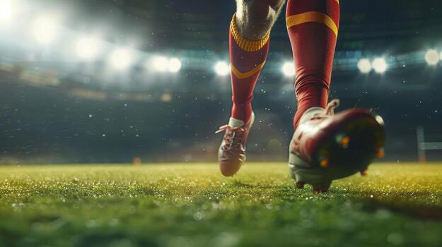 de cerca de un fútbol jugador en acción en un iluminado estadio campo, exhibiendo determinación y habilidad durante un noche fósforo. foto
