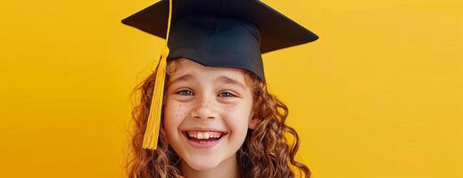 Enthusiastic young student girl with graduation hat, brimming with happiness, against vibrant yellow background, watercolor style, soft yet striking colors photo