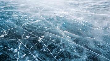 Natural scratched ice at the ice rink as texture or background for winter composition, large long picture photo