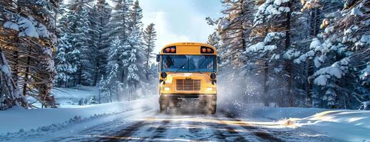 Frontal view of a bright yellow school bus driving on a snow-covered road, frosty air with snowflakes, background of tall, snow-laden pine trees, photorealistic detail, early morning light photo