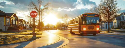 Digital 3D render, wide-angle view of a sleek modern school bus, stop sign vividly highlighted, flashing lights glowing, set against a suburban street backdrop, late afternoon sun casting long shadows photo