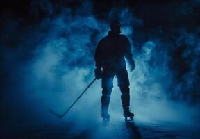 Silhouette of a hockey player in full gear standing on ice rink with dramatic blue and black lighting. photo