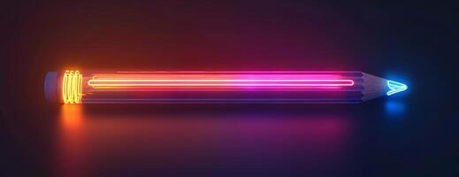 High-angle, realistic neon sign of a pencil, vivid illumination, dark black backdrop, school season theme, sharp and clear lines, captivating glow, intense colors, CG 3D quality photo