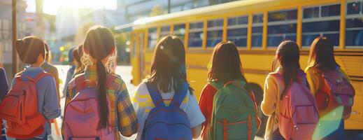 Frontal view, group of junior high school students in vibrant uniforms, waiting in line, yellow school bus in the background, view from behind, bright morning sunlight, photorealistic style photo