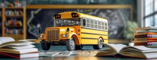Long shot of a classic yellow school bus, 3D rendering, surrounded by open books and a chalkboard with doodles, white copyspace above, vibrant and educational background for school promotions photo