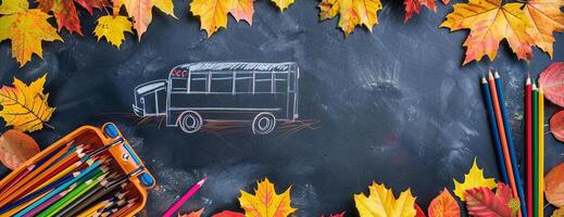 High-angle shot of a back-to-school setup, school bus model beside vivid pencils, autumn leaves around a tree sketch, classroom blackboard with empty space for text, watercolor style photo