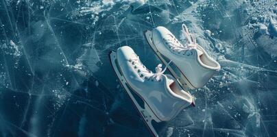 Photo of A pair of white figure skating skates on an ice rink background with copy space