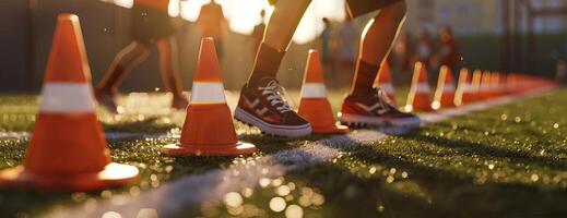 High-angle shot, dedicated school coach setting up training cones on a soccer field, kids blurred in the background, detailed shoes and cones, warm sunlight, CG 3D rendering realism photo