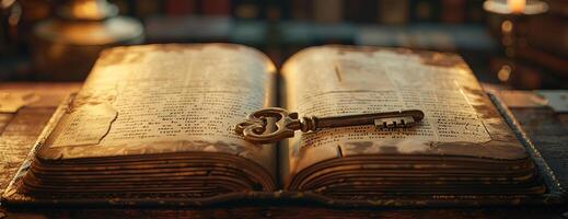 Frontal view of an open antique book, photorealistic style, delicate golden key resting on the pages, soft ambient lighting, rich textures, elegant and scholarly ambiance photo
