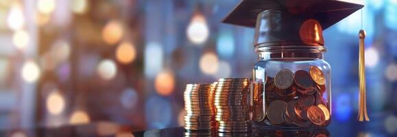 Long shot, a graduation cap prominently displayed, a glass jar filled with coins, a stack of money stepping upward, soft blur of background, bright and vivid, digital 3D rendering, symbolizing growth photo