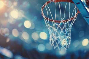 Close-up of a basketball hoop in a stadium with blurred background lights, perfect for sports themes and dynamic compositions. photo