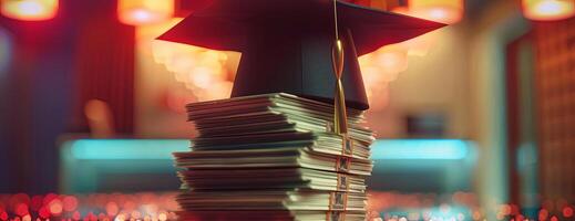 Frontal view of a graduation cap balanced on top of a stack of hundred-dollar bills, with a softly blurred academic backdrop, photorealistic precision, vibrant colors photo