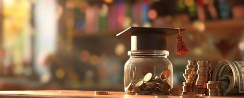Long shot, graduation cap in focus, coins in a jar nearby, money stack stepping up in the background, slightly blurred background, rich colors, photorealistic detail, celebrating success photo