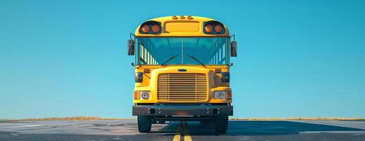 Frontal view of a bright yellow school bus, parked on blacktop, clear blue sky in the background, photorealistic detail, sunlight reflecting off windows, high resolution photo