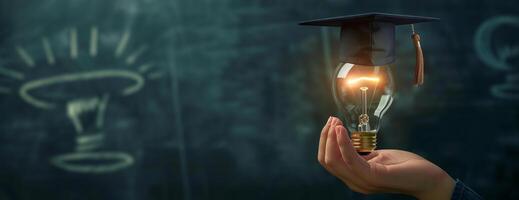 High-angle view, close-up, a hand presenting a light bulb with a miniature graduation cap, chalkboard background with copyspace, hyper-realistic 3D CG rendering, intricate details and lighting photo