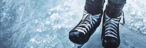 Close-up of ice skates on a frozen surface, showcasing winter sports and ice skating activities in a cold, snowy environment. photo