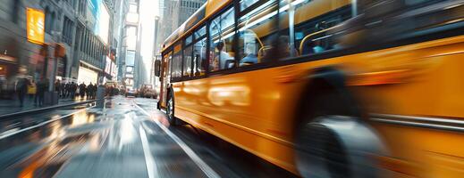Detailed close-up of a speeding yellow bus, motion blur capturing the swiftness, navigating down crowded city streets, digital CG 3D rendering photo