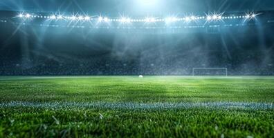 Empty soccer stadium with bright lights shining on lush green grass, ready for an exciting match under the night sky. photo