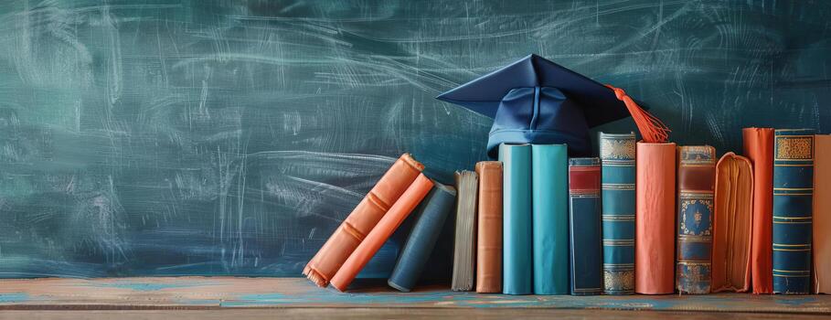 High-angle view of vibrant, hardcover books and a well-crafted academic cap, scattered on a rich wooden surface, isolated against a sleek chalkboard background, ample copy space, photorealistic photo