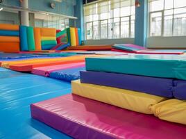 Colorful gym mats stacked in a bright indoor space, ideal for gymnastics, fitness, and kids' activities. Clean and organized environment. photo