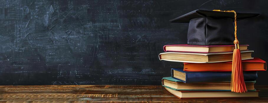 High-angle view of vibrant, hardcover books and a well-crafted academic cap, scattered on a rich wooden surface, isolated against a sleek chalkboard background, ample copy space, photorealistic photo