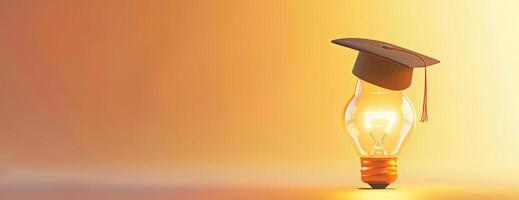 Eye-level angle, concept of business education, minimalistic copyspace, glowing light bulb, graduation cap resting on light bulb, digital illustration, bright and clean aesthetic photo