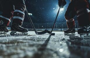 Close-up of ice hockey players engaged in a face-off during a game, with focus on skates, sticks, and puck on the icy rink. photo