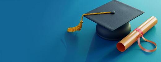 High-angle 3D rendering, graduation cap and diploma with golden tassel, vivid blue backdrop, clear and defined, realistic textures, perfect for celebratory themes, spacious layout photo