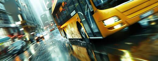 Detailed close-up of a speeding yellow bus, motion blur capturing the swiftness, navigating down crowded city streets, digital CG 3D rendering photo