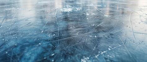 Natural scratched ice at the ice rink as texture or background for winter composition, large long picture photo