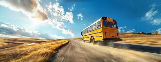 Dramatic worms-eye view of a modern school bus speeding on a deserted rural road photo