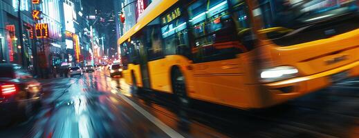 Detailed close-up of a speeding yellow bus, motion blur capturing the swiftness, navigating down crowded city streets, digital CG 3D rendering photo