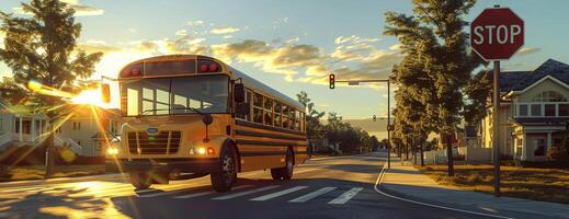 Digital 3D render, wide-angle view of a sleek modern school bus, stop sign vividly highlighted, flashing lights glowing, set against a suburban street backdrop, late afternoon sun casting long shadows photo