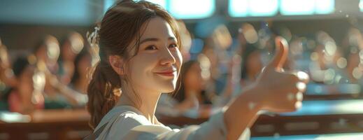 Ecstatic female student, thumbs up, side view in a classroom, blur background, CG 3D render, lifelike textures, rich details, focus on her animated expression and dynamic pose photo